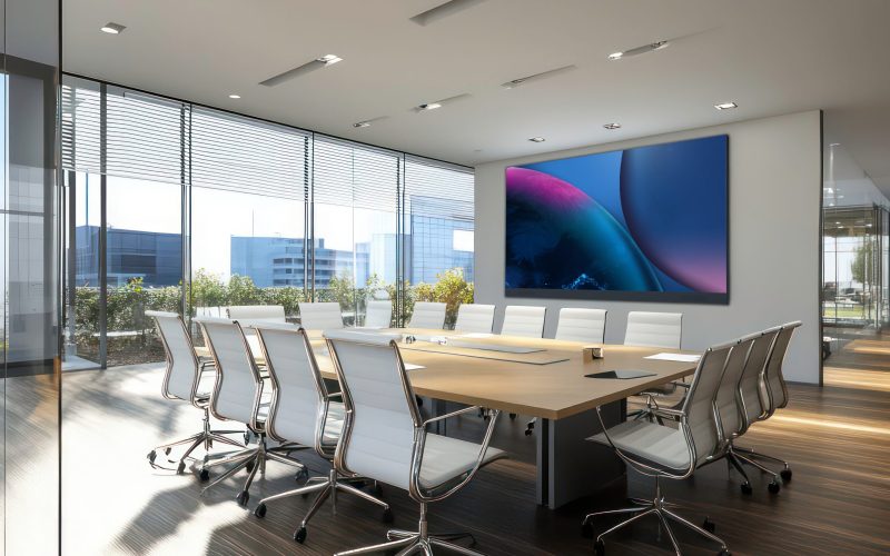 A modern conference room with a large blank screen, a long table, and chairs. There are windows on the left side of the room looking out over a city skyline. A modern conference room with a large blank screen, a long table, and chairs. There are windows on the left side of the room looking out over a city skyline.